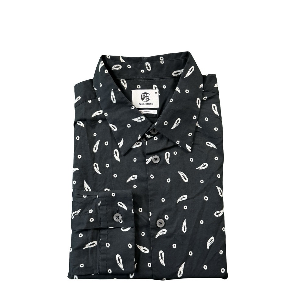 Paul Smith Black White Paisley L/S Mens Cotton Button Front Size M Tailored Fit